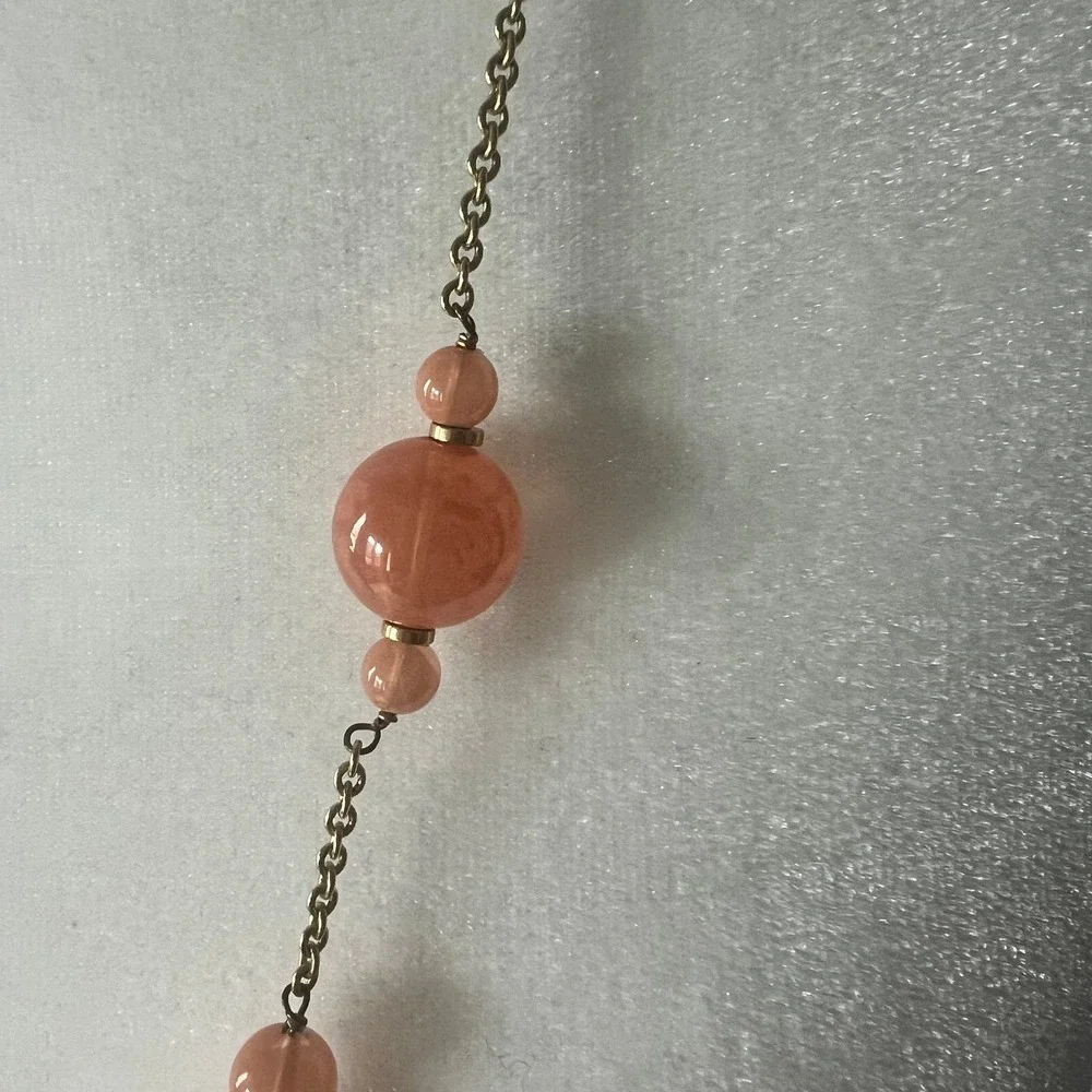 J. Crew Long Pink Peach Salmon Beaded Station Necklace on Gold Tone Chain